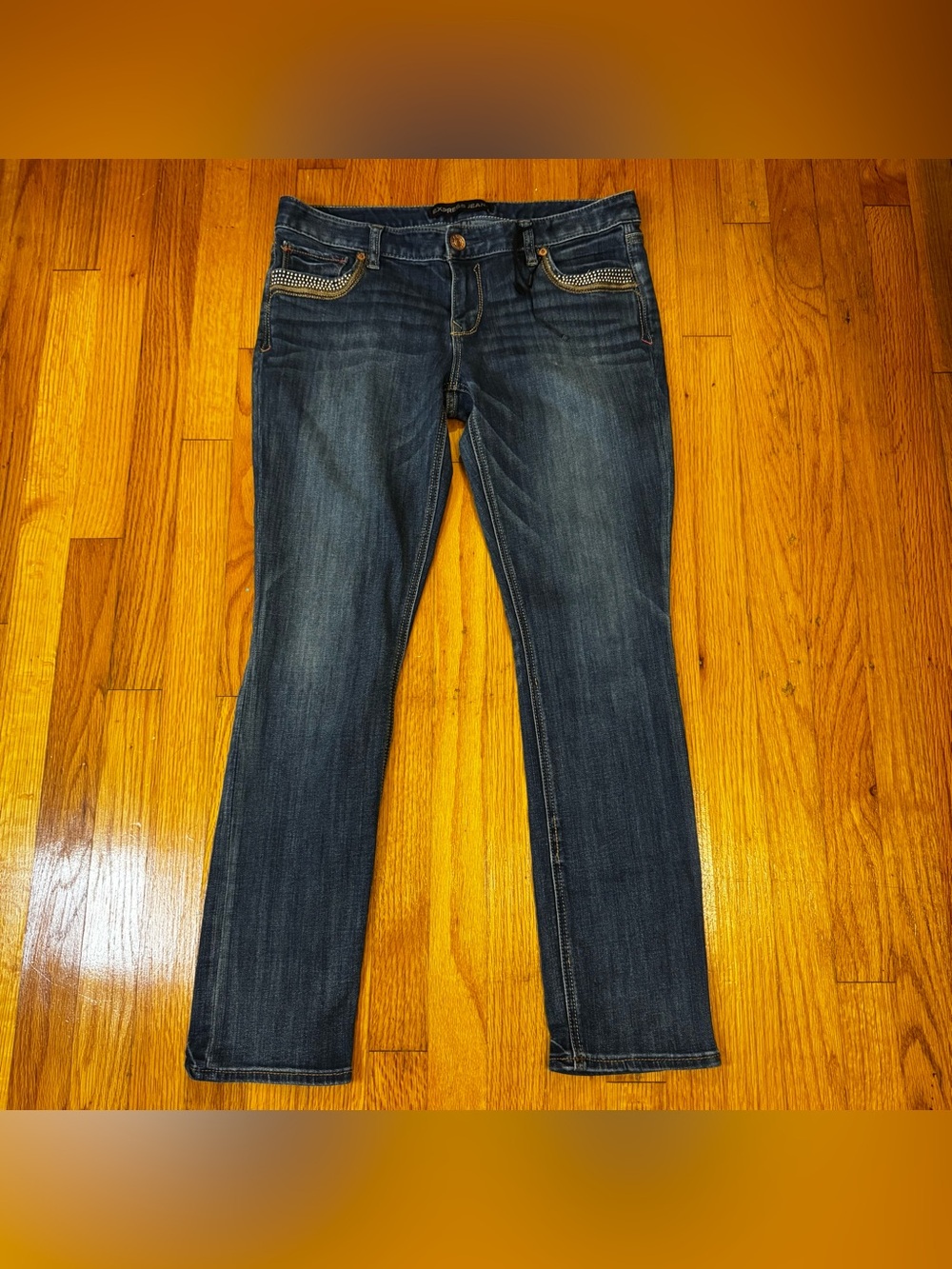 New Express Stella Jeans 12 Ankle Skinny Low Rise Blue Denim Rhinestone Y2K
